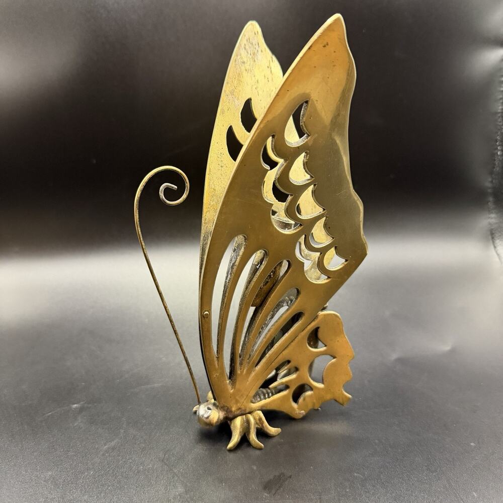 Vintage Brass Standing Butterfly Photo Stand Stationary Holder Mid Century
